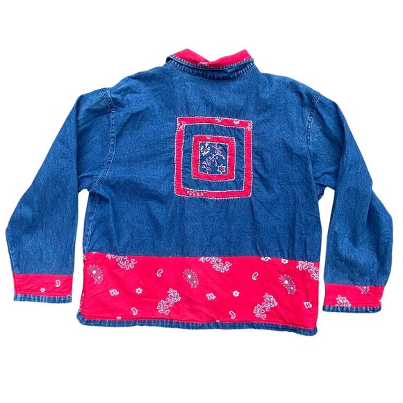 Vintage Denim Patchwork Red Bandana Jean Jacket Western Cowgirl Paisley Rodeo-XL - Picture 7 of 15
